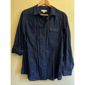 Coldwater Creek Woman Lg 14 Navy Blue Lightweight Semi Sheer Gauze Blouse Beach
